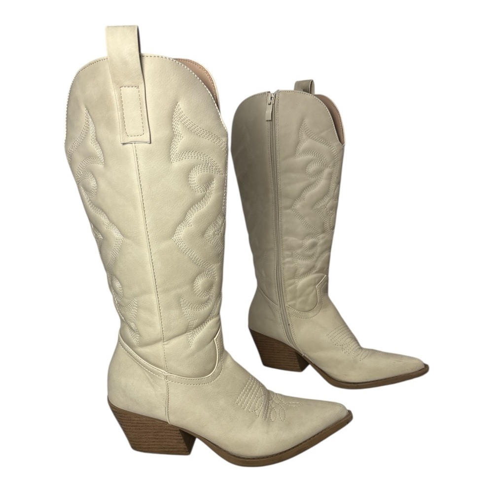 Womens Size 7.5 Cowboy Western Boots Pointy Toe Knee High Zipper Cream - Picture 2 of 8